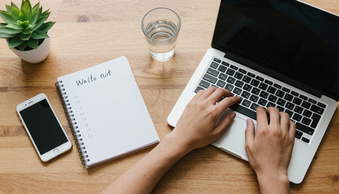 Top-down view of a wooden desk with a laptop, a phone and a handwritten checklist