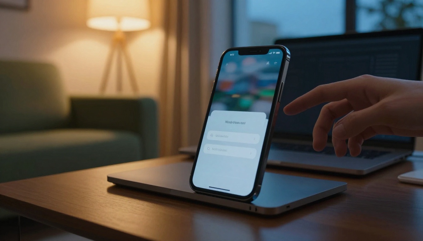 A smartphone showing a blurred sign-in prompt in a cozy living room