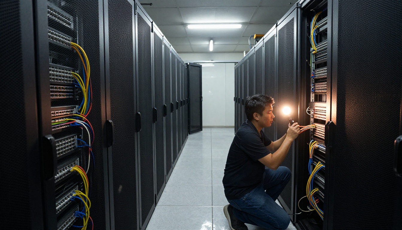 A technician checking a patch panel in a small server room