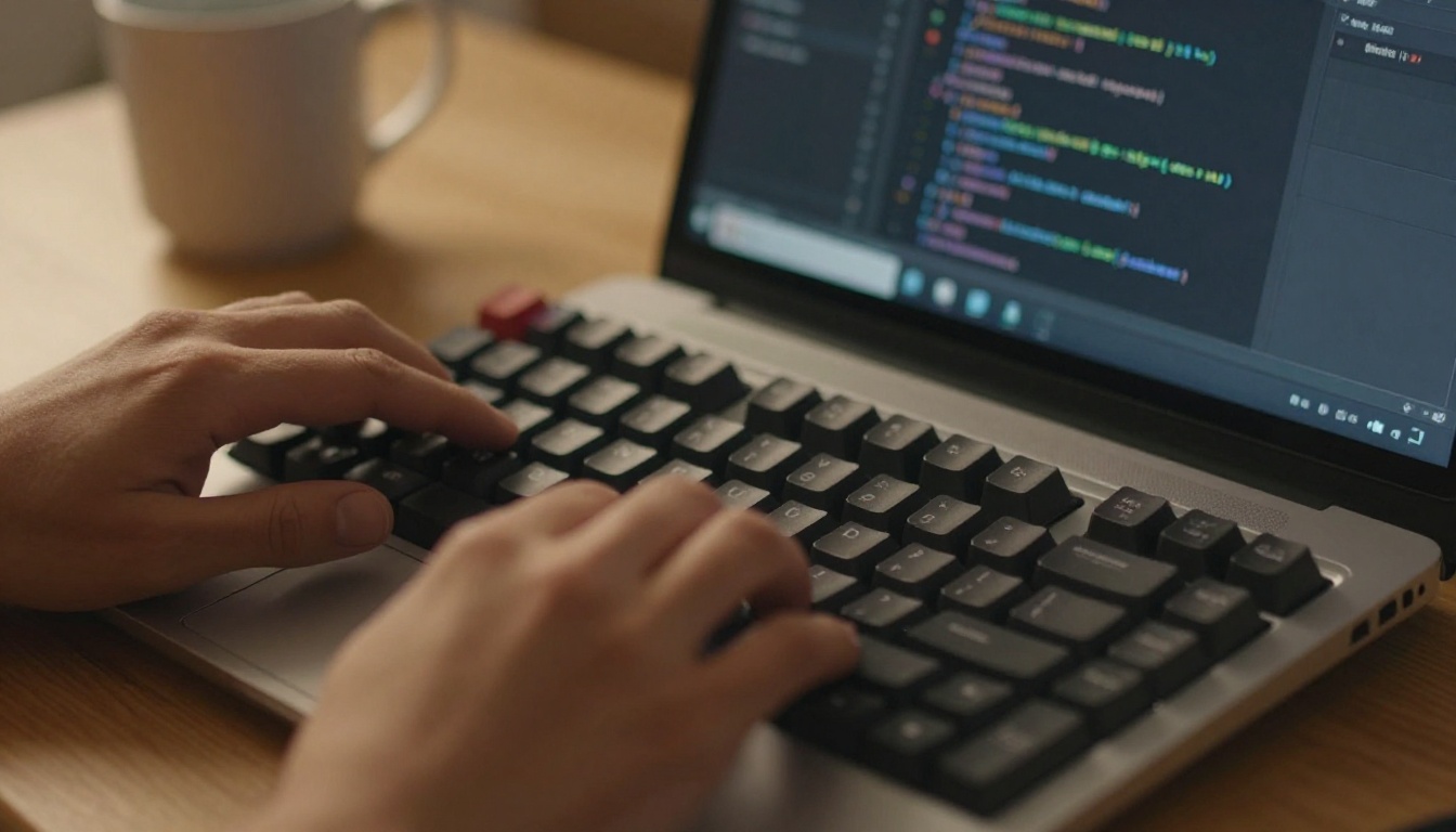 Hands typing on a laptop with a code editor open on a wooden desk