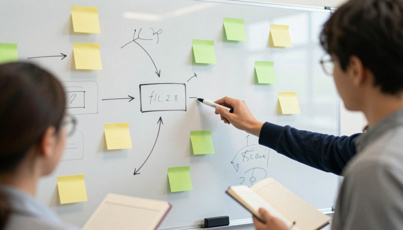 A person pointing at a whiteboard filled with arrows and sticky notes