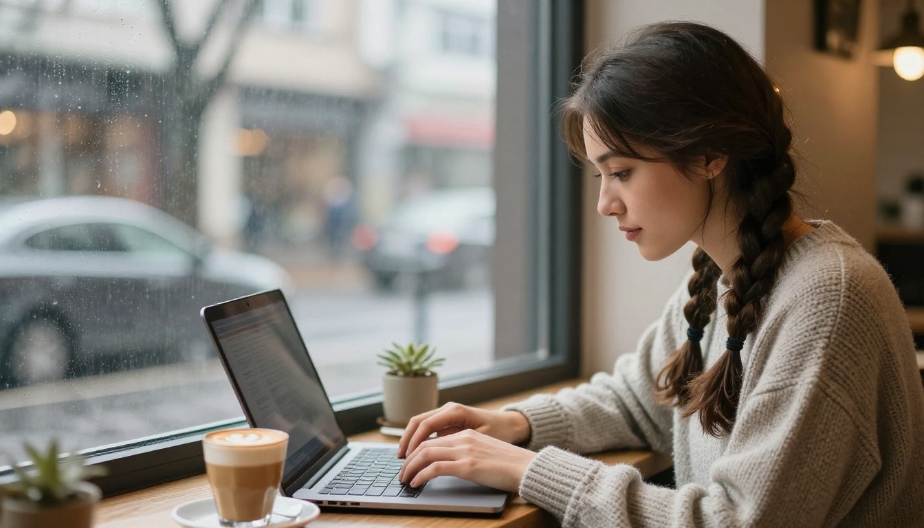 A young woman typing on a laptop at a cafe window table on a rainy day