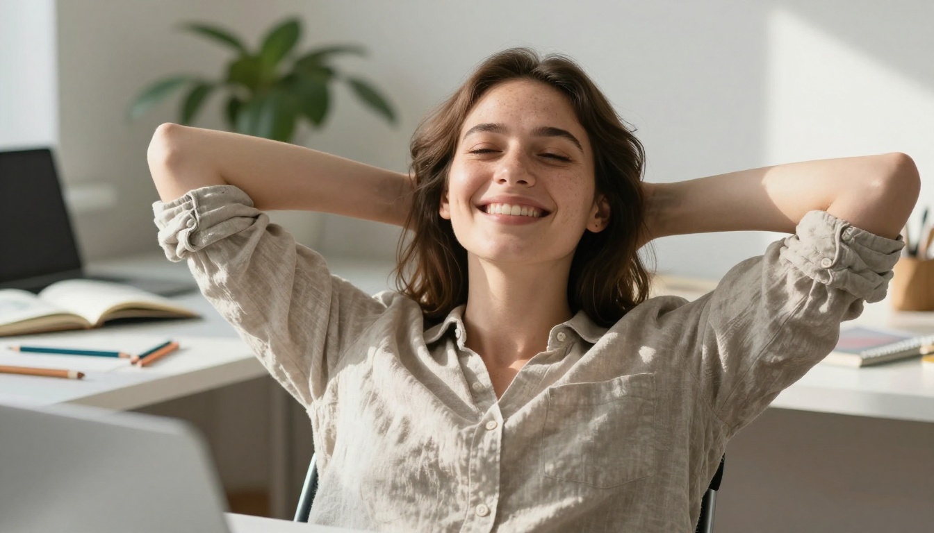A smiling designer leaning back in an office chair beside a laptop and sketchbook