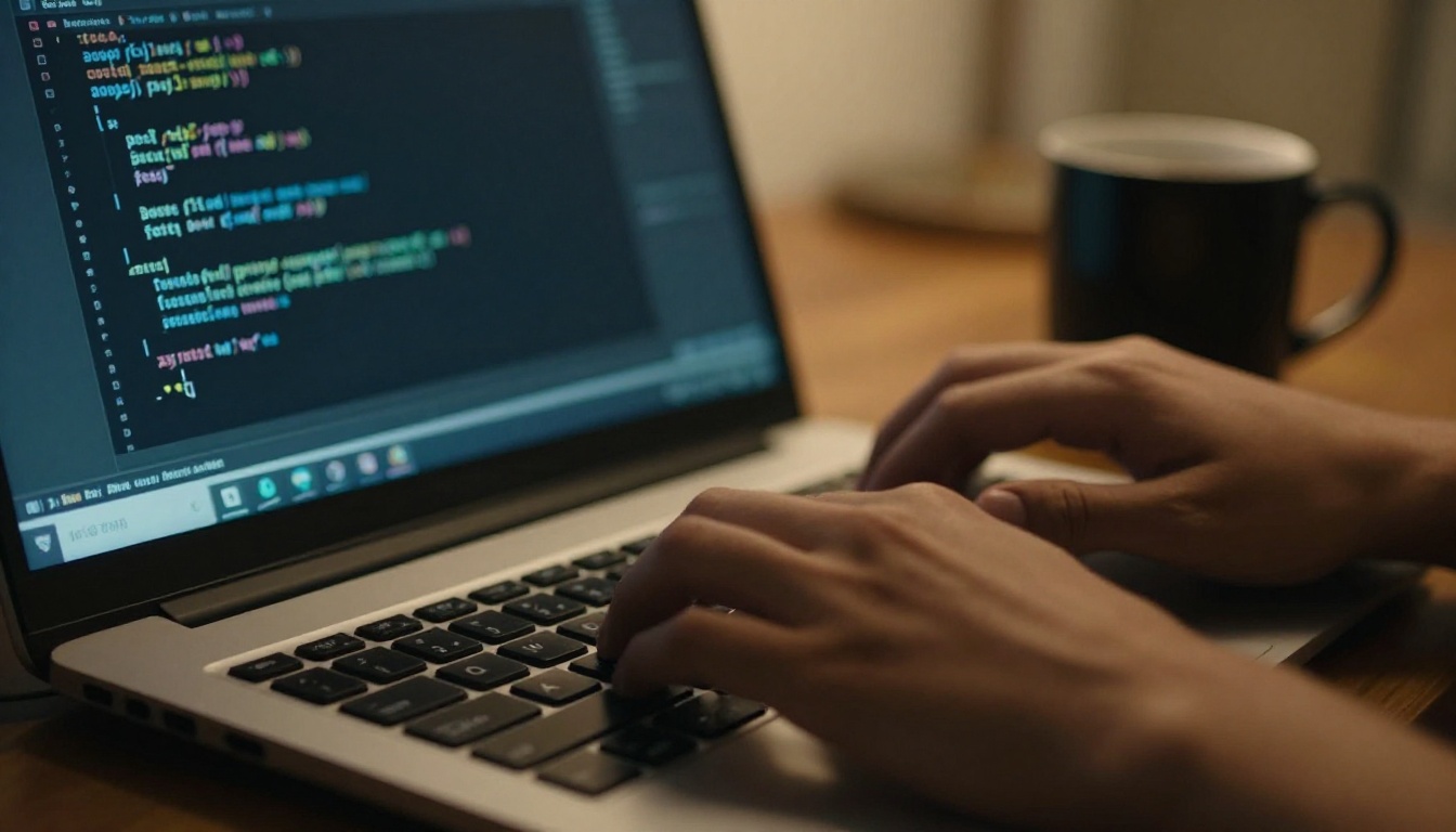A software engineer's hands typing at a laptop with a dark code editor blurred in the background