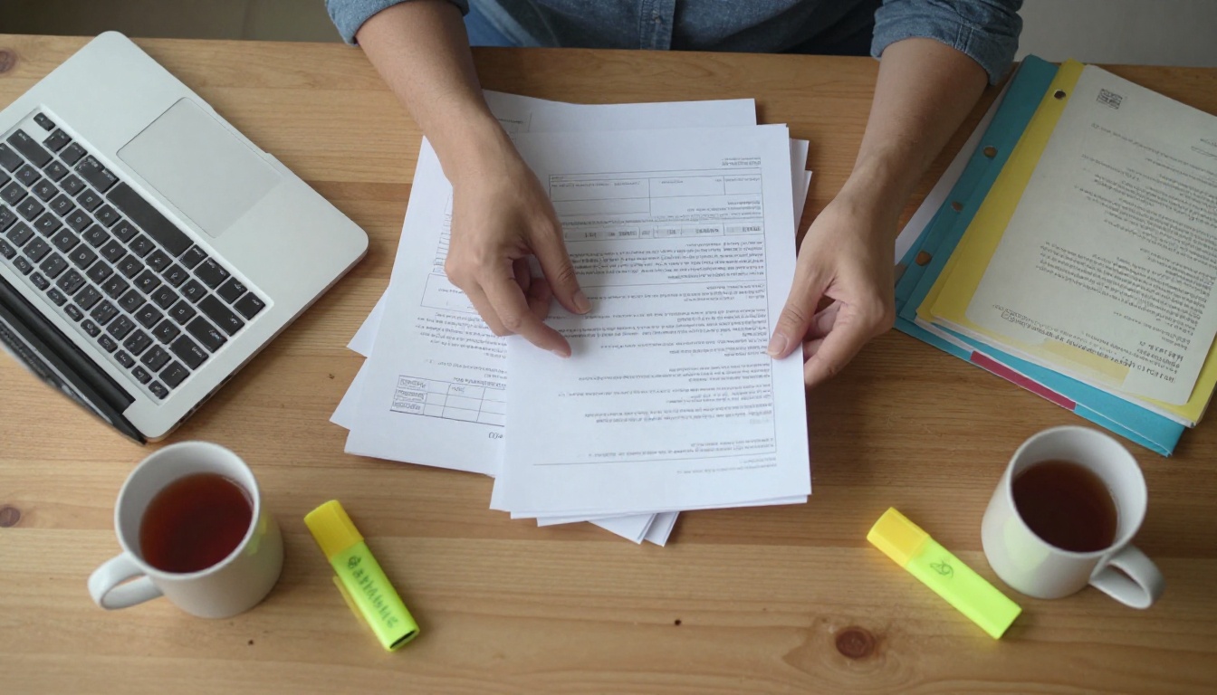 An operations manager sorting printed spreadsheets and folders on a wooden desk seen from above