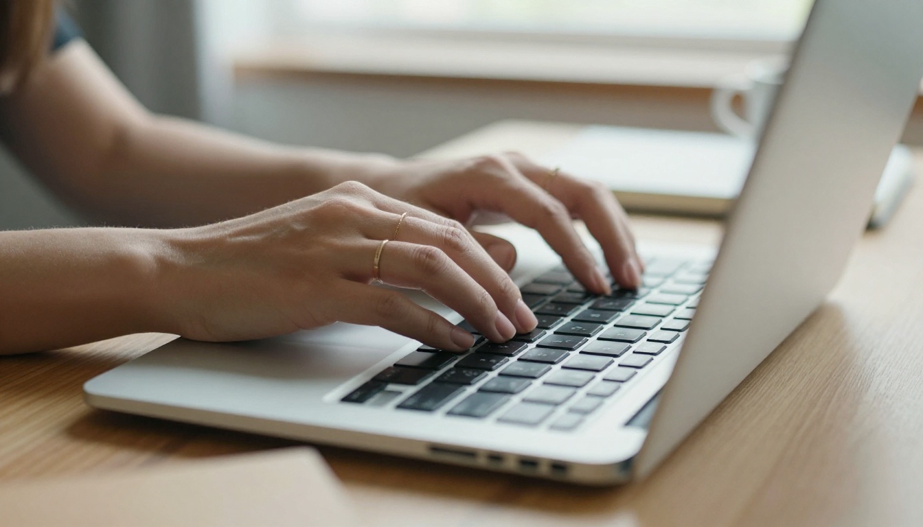Hands typing on a silver laptop at a pale oak desk