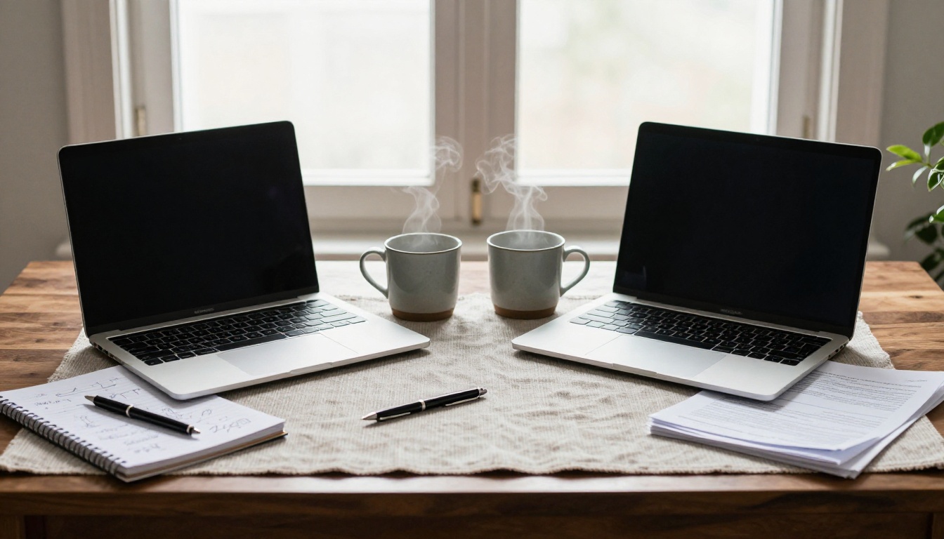 Two identical laptops on a shared walnut table, one beside sketches and one beside printed reports