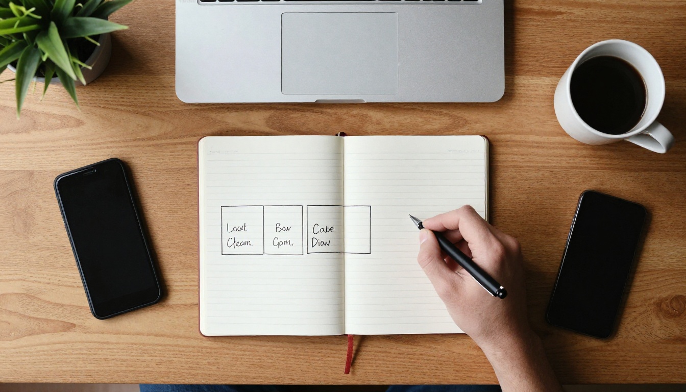 Top-down view of a wooden desk with laptop, notebook, and coffee