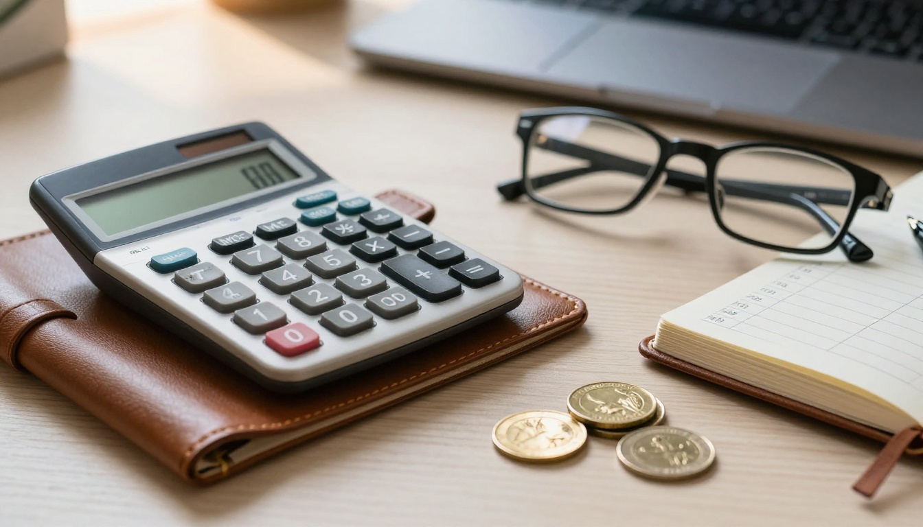 A calculator, leather notebook and coins on an oak desk with a laptop blurred behind