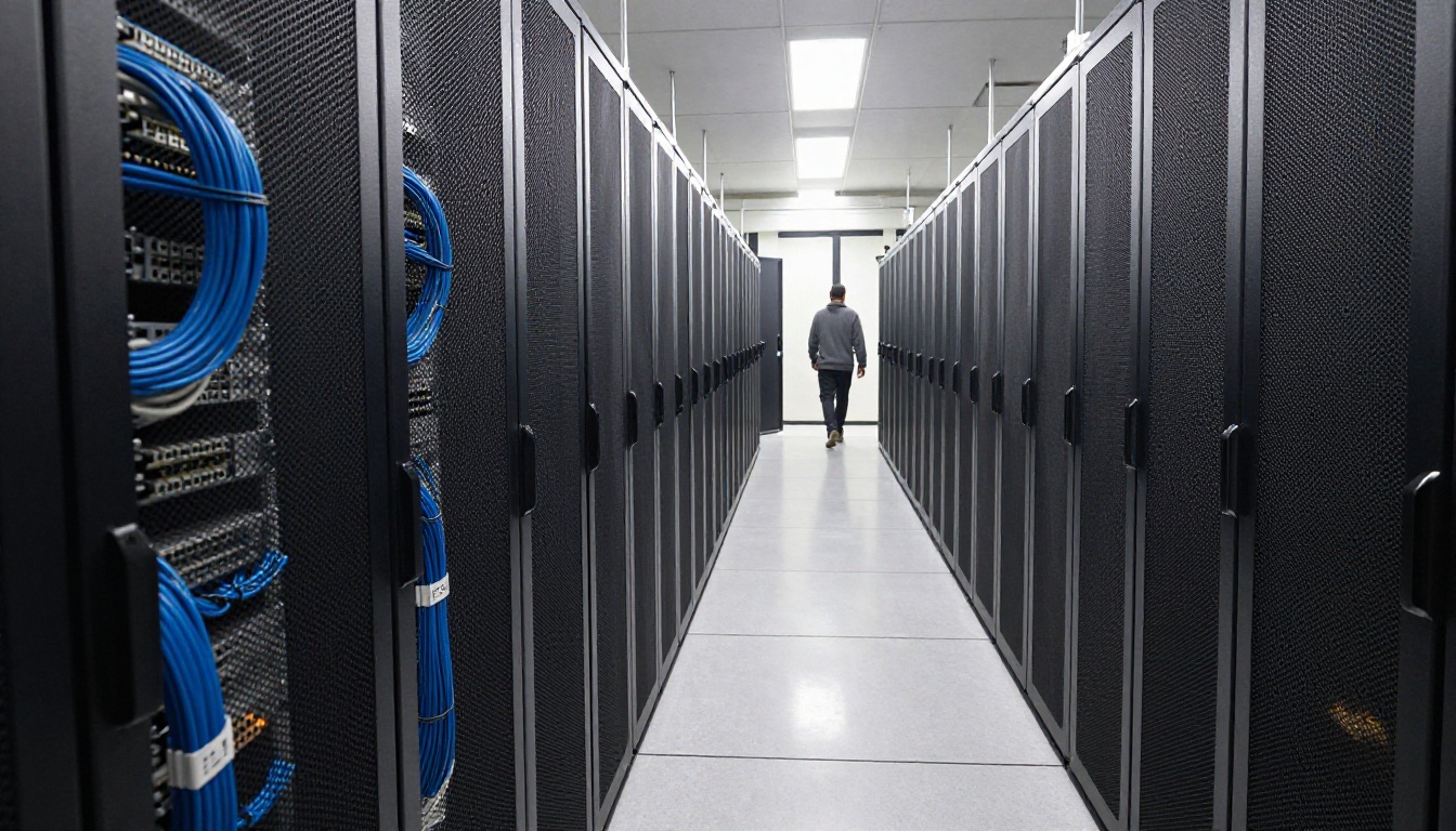 Low-angle view down an aisle of black server racks in a data center