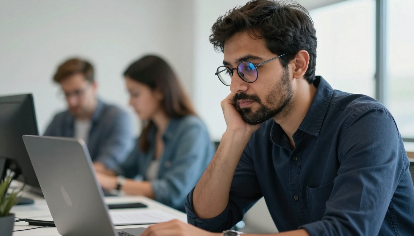 Man in round glasses studying a settings screen on a laptop