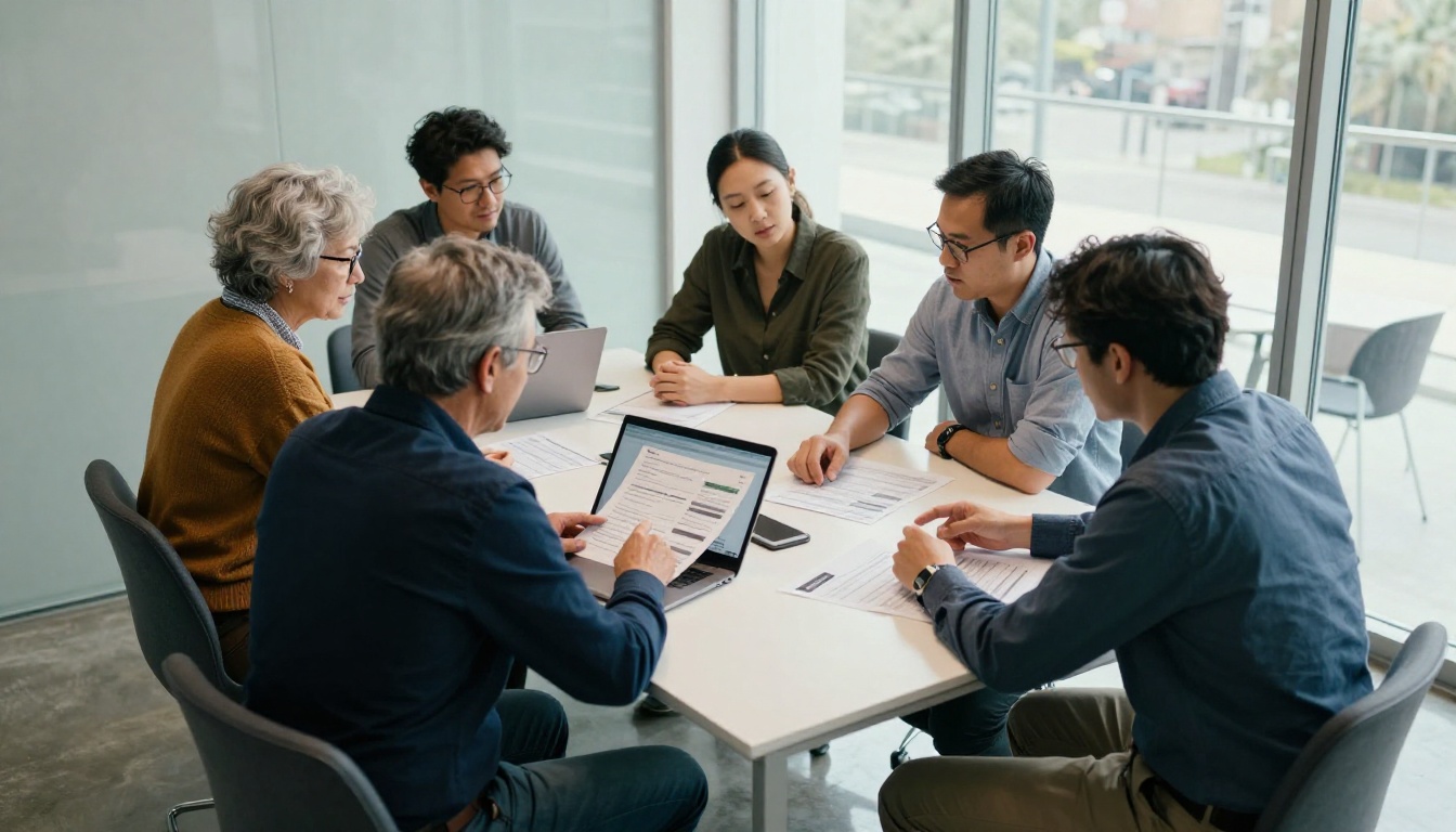 Five colleagues around a glass-walled conference table reviewing a printed report and a laptop