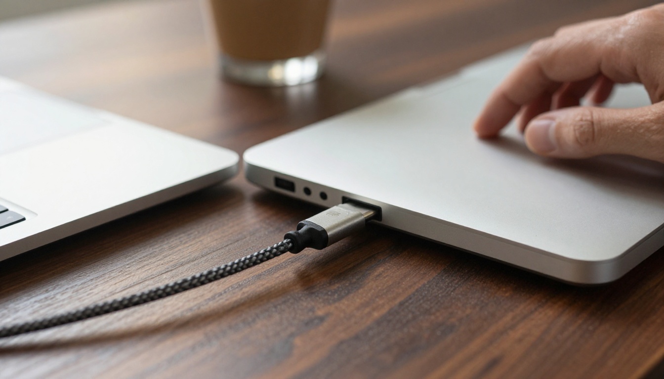 Hand plugging a braided cable into a laptop on a walnut desk
