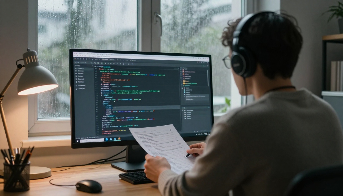 A developer reviewing a long list of changed files in an editor beside a rainy loft window
