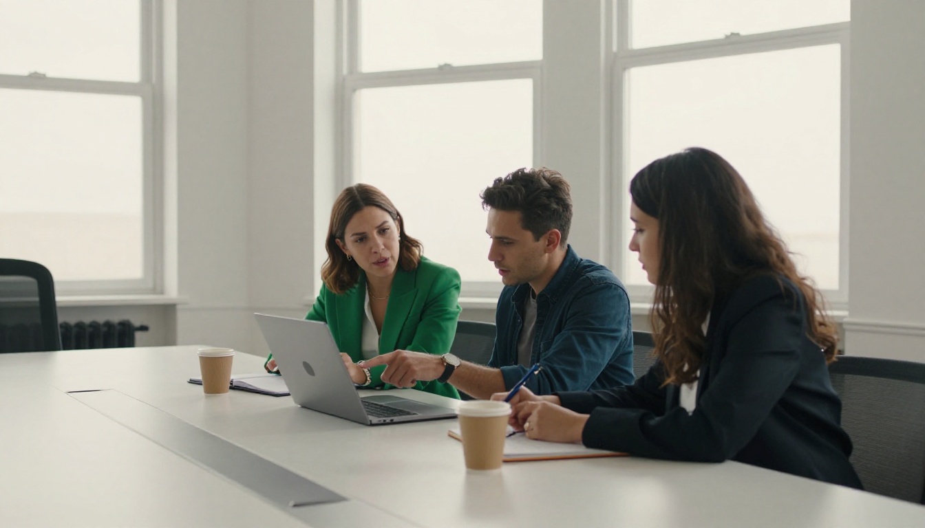 Three colleagues reviewing a laptop around a meeting table