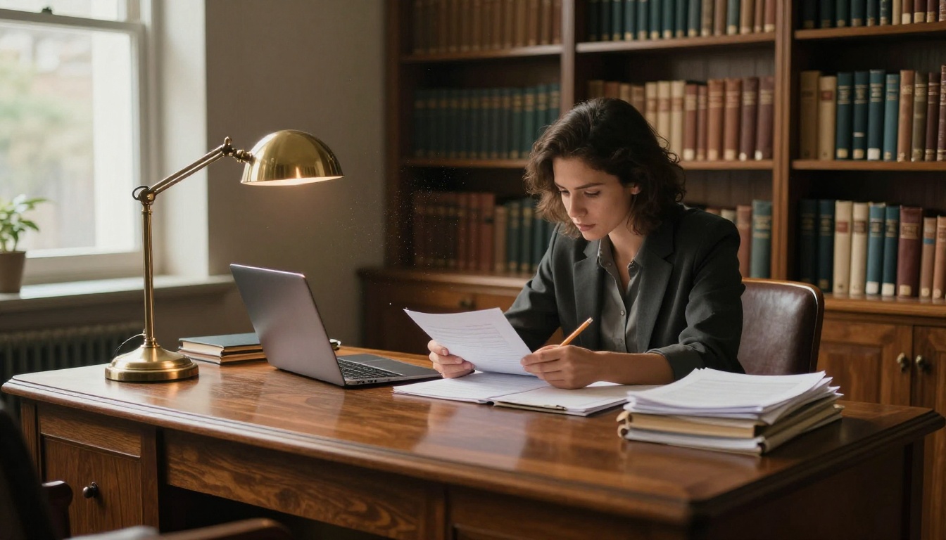 A paralegal reading a stack of contracts at a tall desk in a library-style office