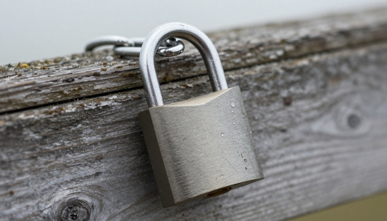 Steel padlock hanging on a chain against weathered wood