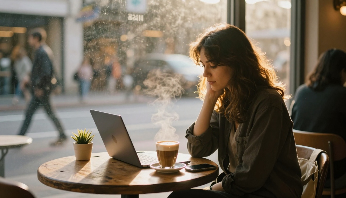 A freelance consultant working on a laptop at a cafe table at golden hour