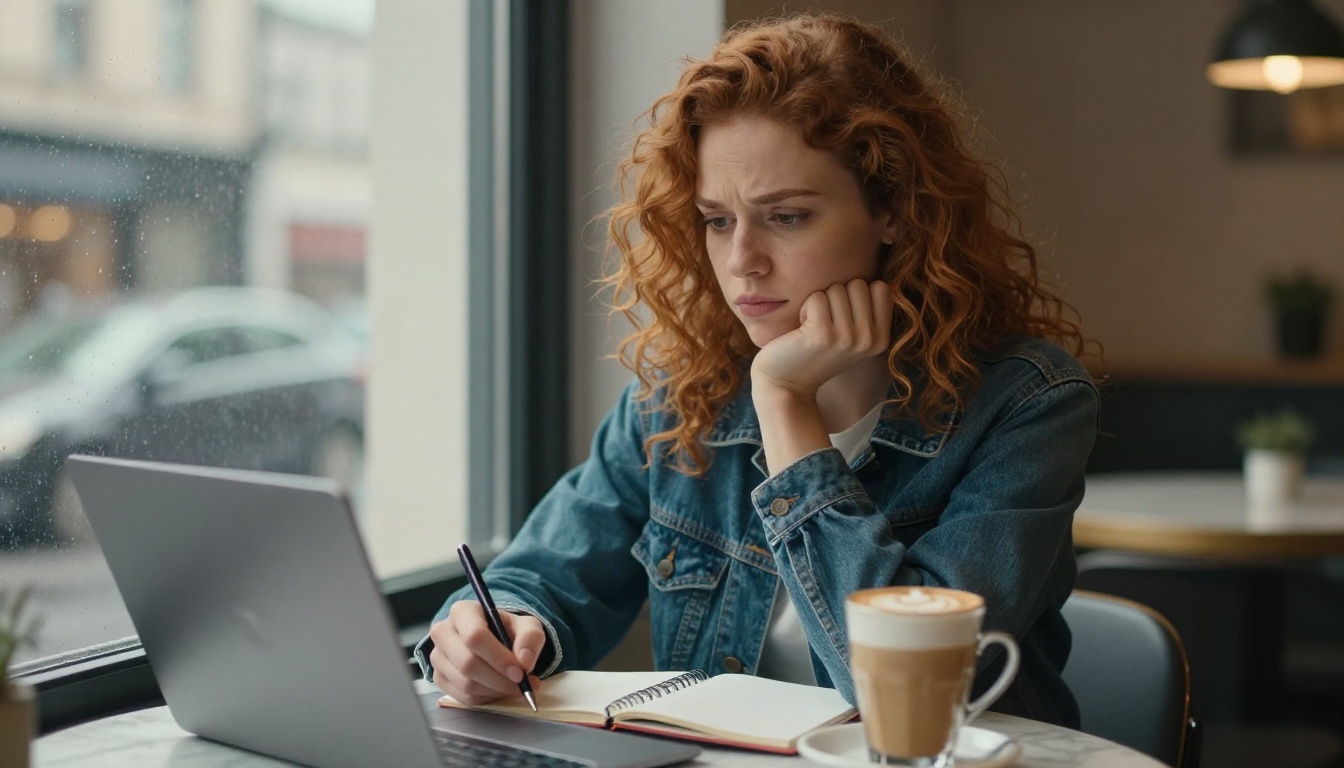 Young woman frowning at a laptop with a notebook in a cafe