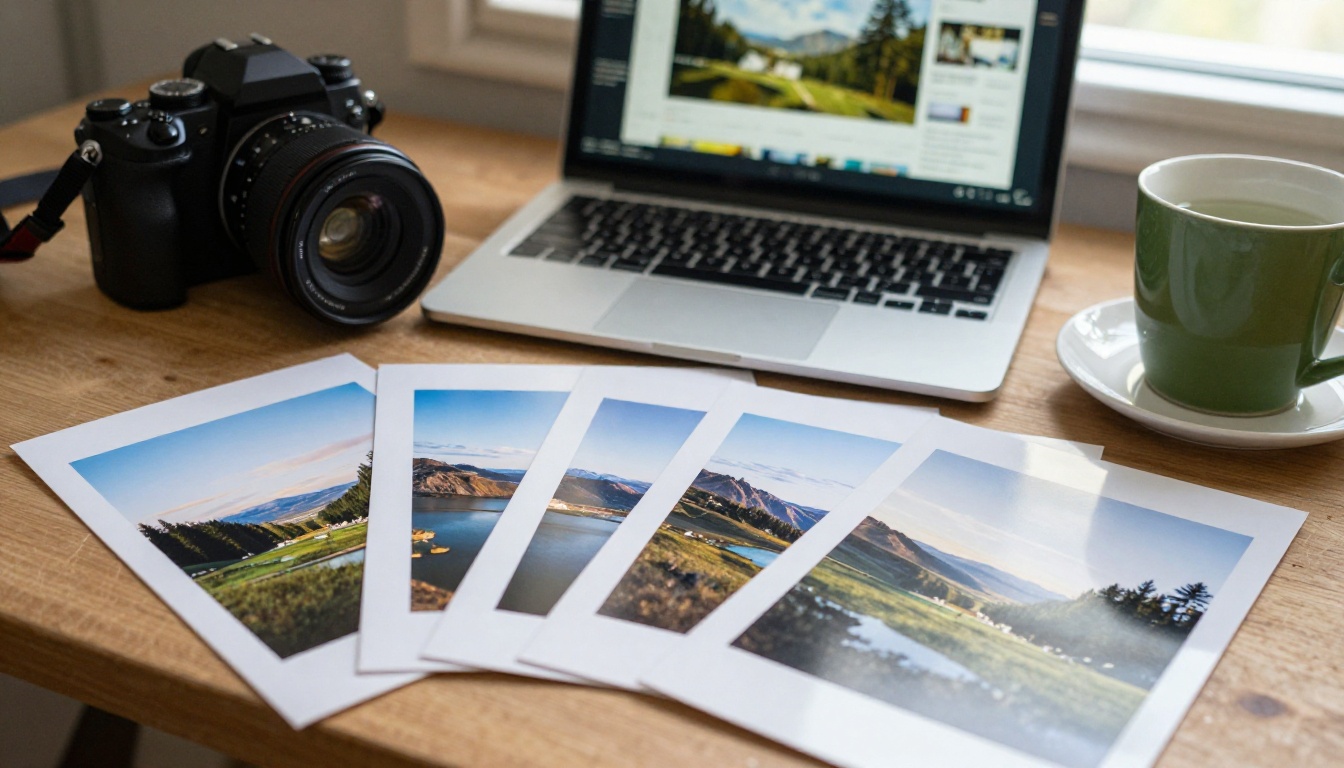 A photographer's studio desk with printed landscapes, a mirrorless camera and a cup of green tea