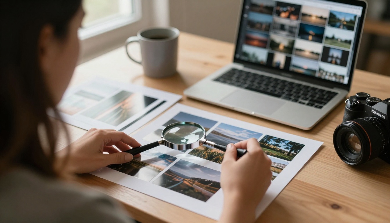 Photographer reviewing printed landscape contact sheets beside a laptop