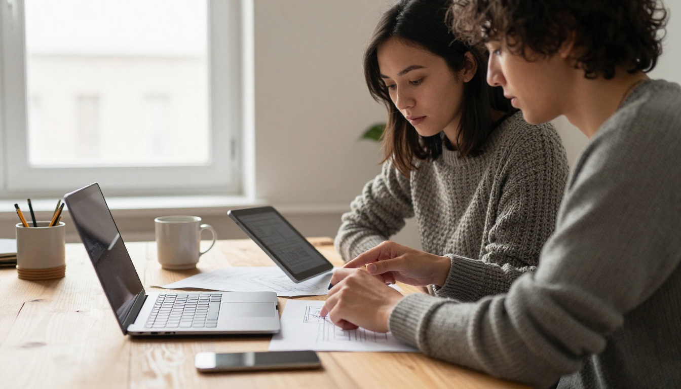 Designer and developer reviewing a layout together on a tablet and laptop