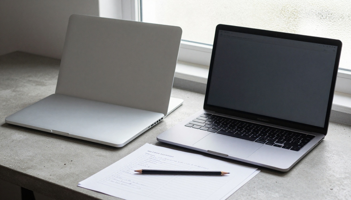 Two laptops side by side with a paper checklist between them