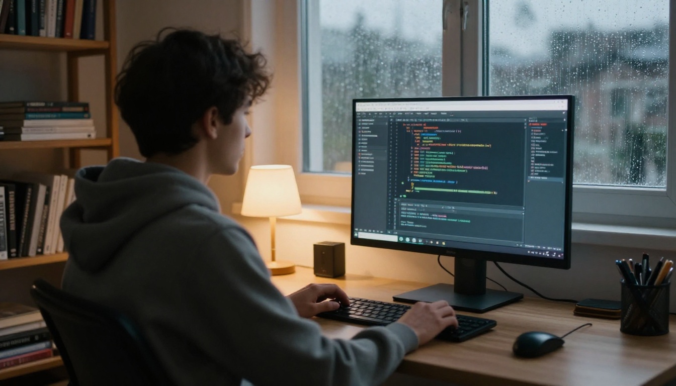 Developer at a dual monitor desk in a quiet home office at dusk