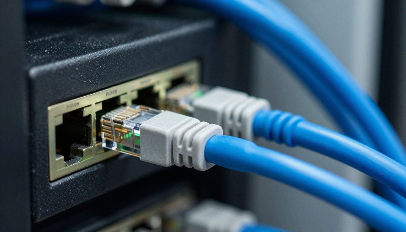 Blue ethernet cable plugged into a network switch