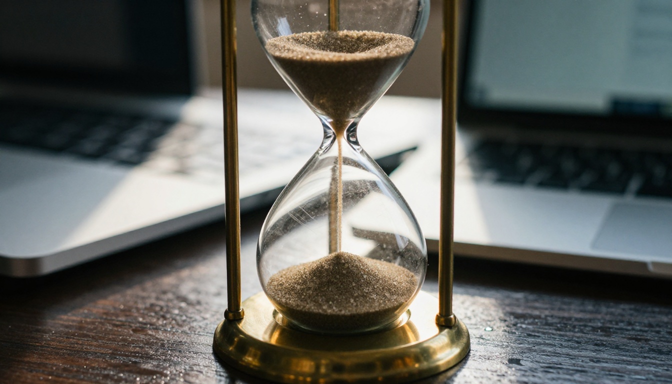 Hourglass with the sand almost gone beside a laptop