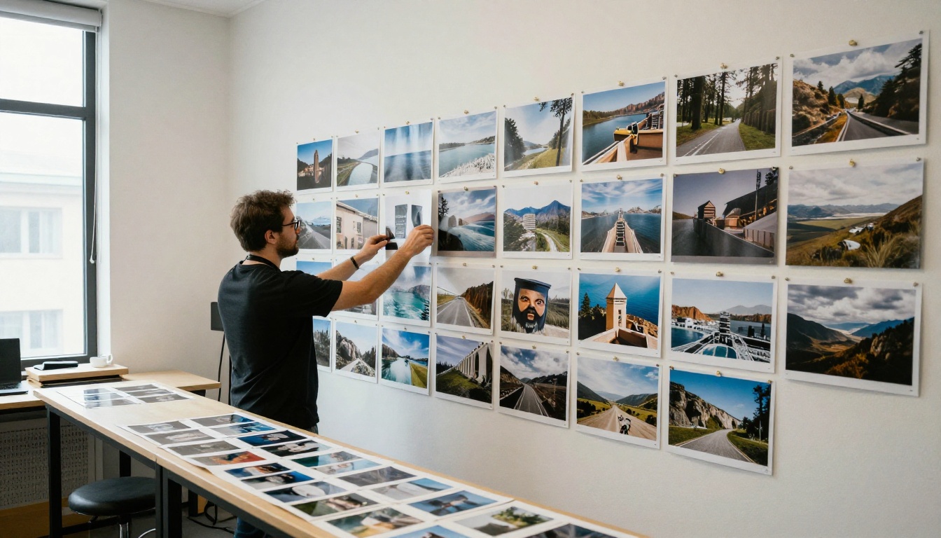 Studio wall filled with printed photographs and a photographer adjusting one print