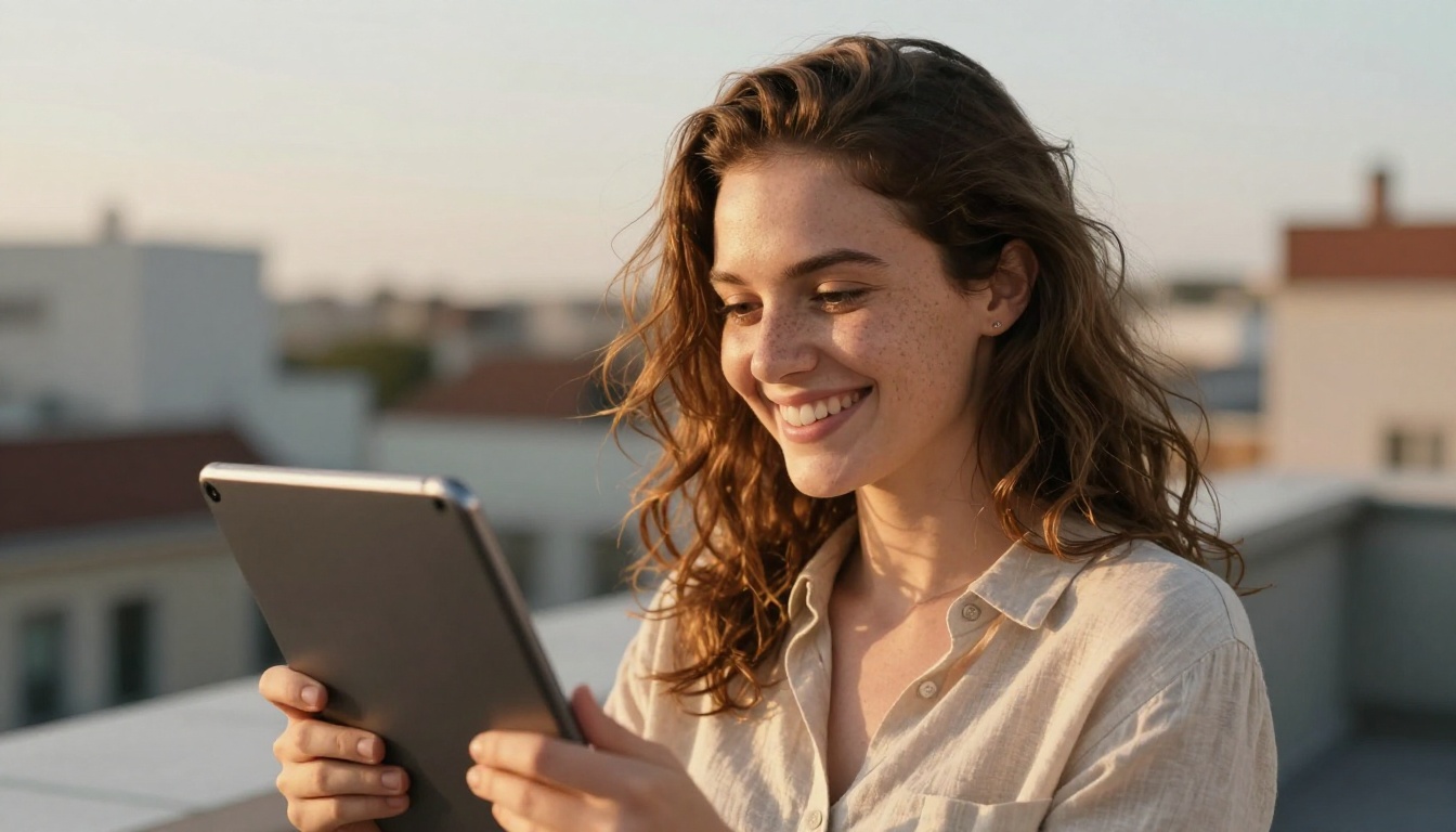 Smiling designer holding a tablet on a rooftop terrace at golden hour