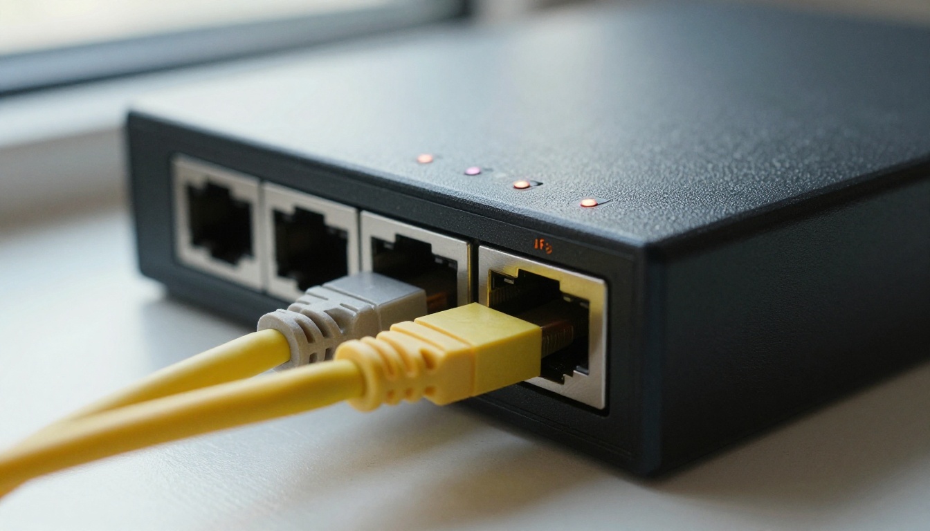 Yellow fiber optic cable plugged into a network switch
