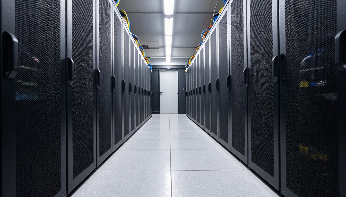 Low angle view down a data center aisle between server racks