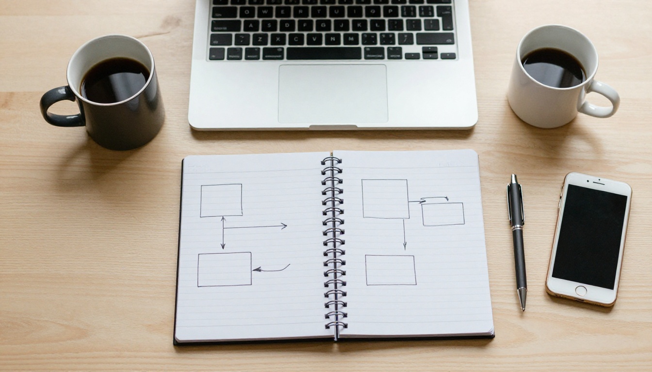 Top-down view of a desk with a notebook diagram, laptop and coffee