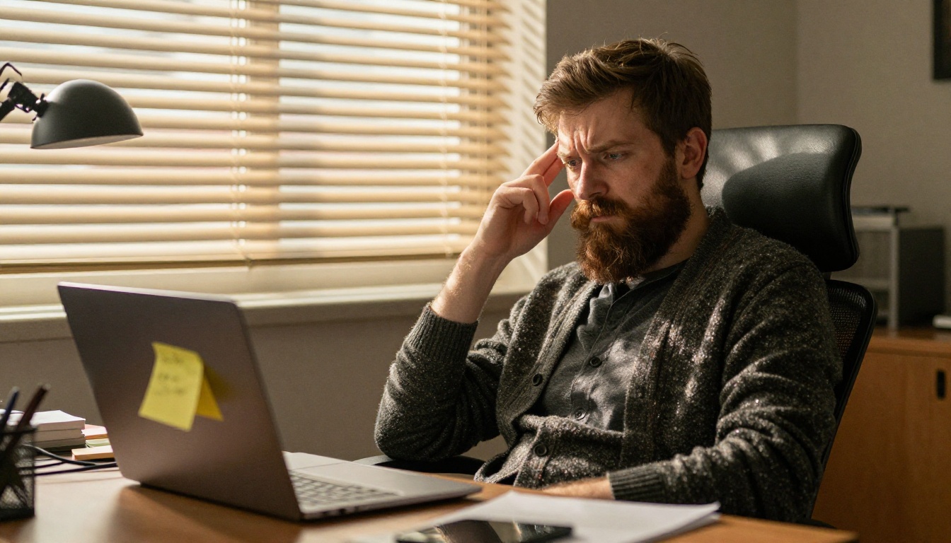 Developer leaning back in a chair, frustrated at a laptop