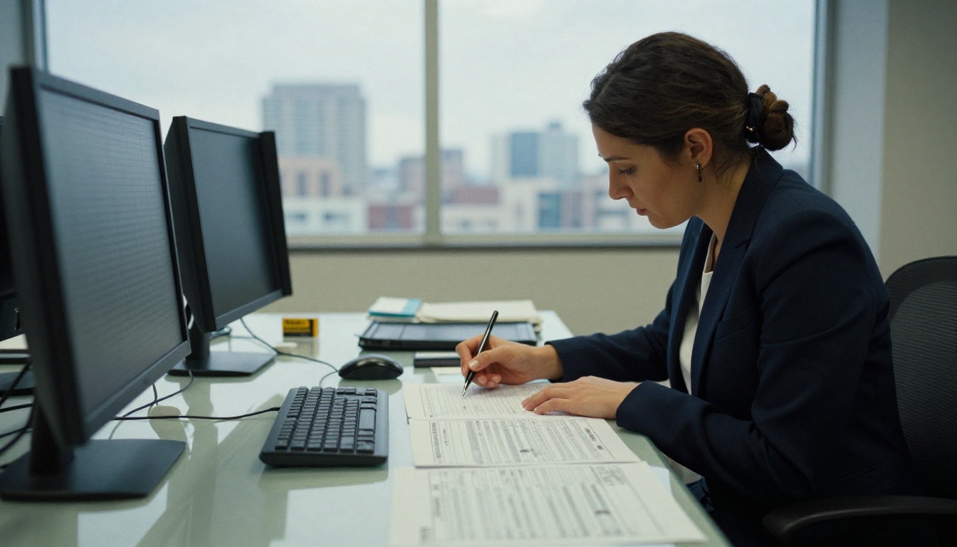 Security engineer reviewing printed access logs in a meeting room