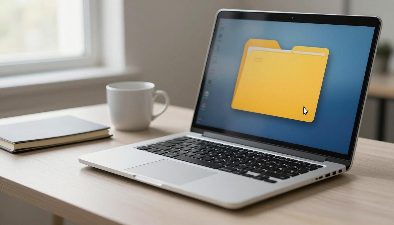 A silver Windows laptop on a pale wooden desk with a mouse pointer resting over a folder icon