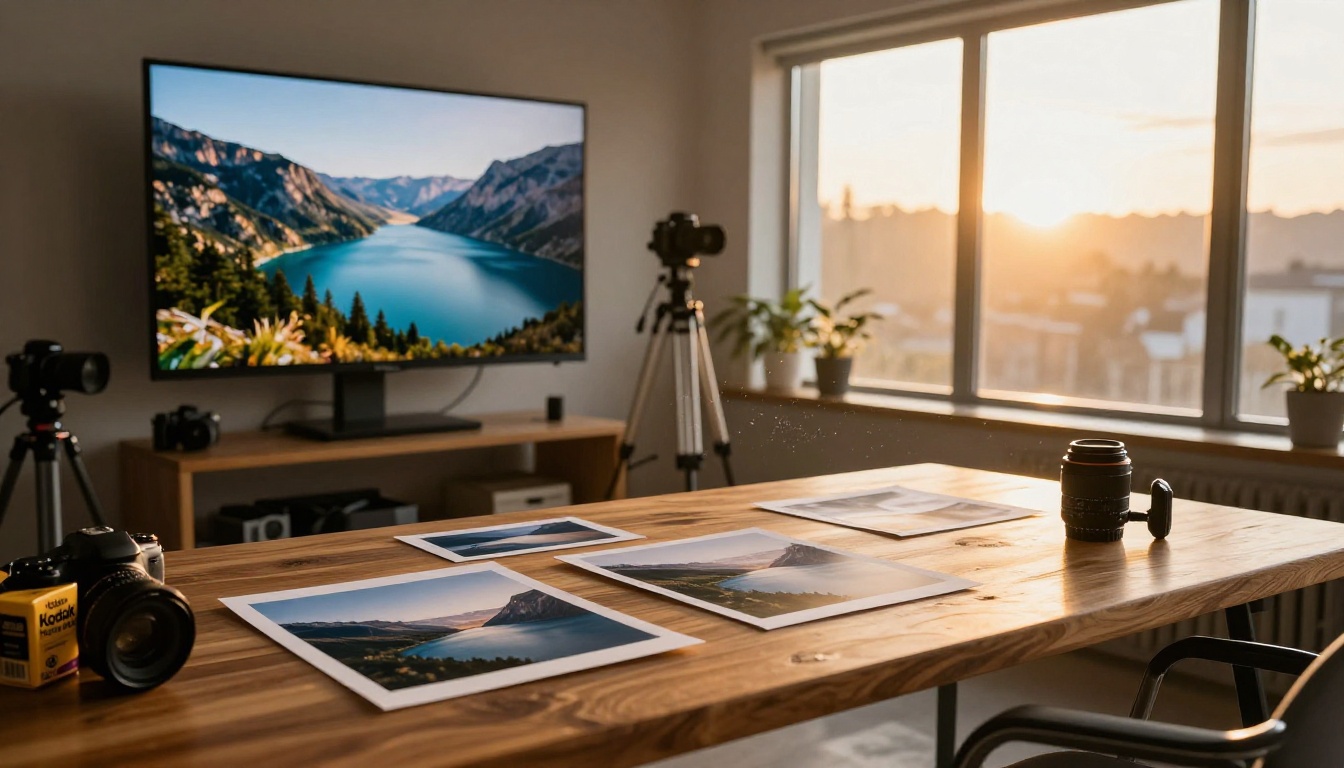 Photographer arranging printed landscape photos in a bright studio