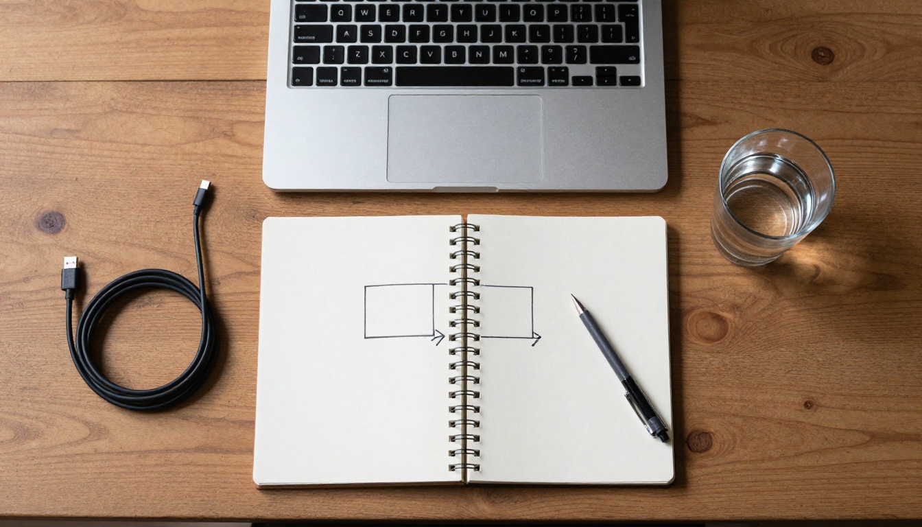 Top-down view of a work table with an open laptop, a sketchbook with a box and arrow diagram, and a coiled cable