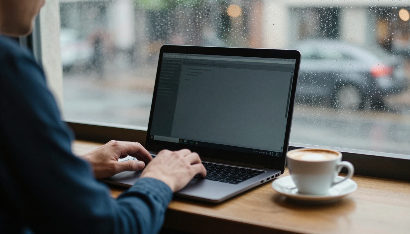 Over-the-shoulder view of a man typing on a black Windows laptop at a cafe table beside a rainy window