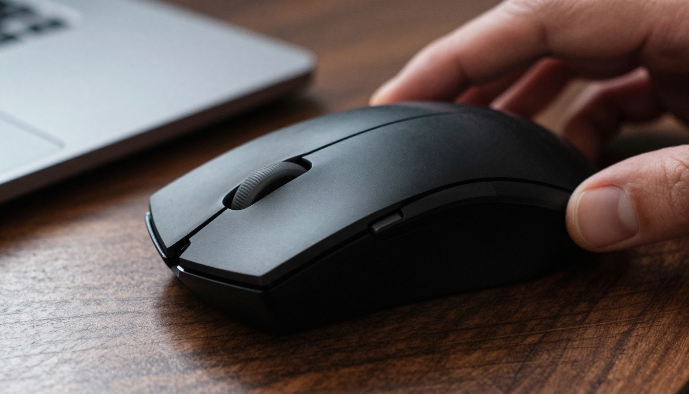 Extreme close-up of a hand hovering above a black wireless mouse on a dark walnut desk