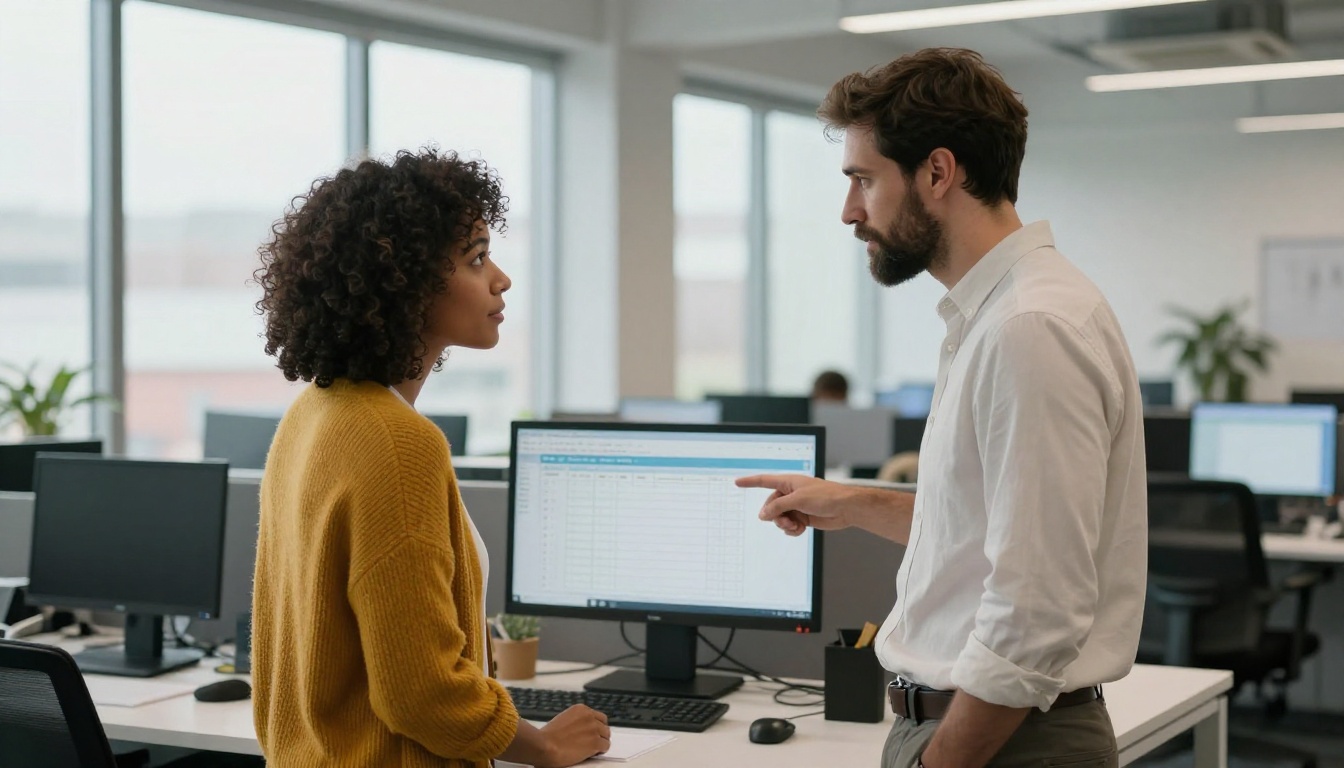 Two colleagues in a bright open plan office pointing at a monitor that shows a spreadsheet