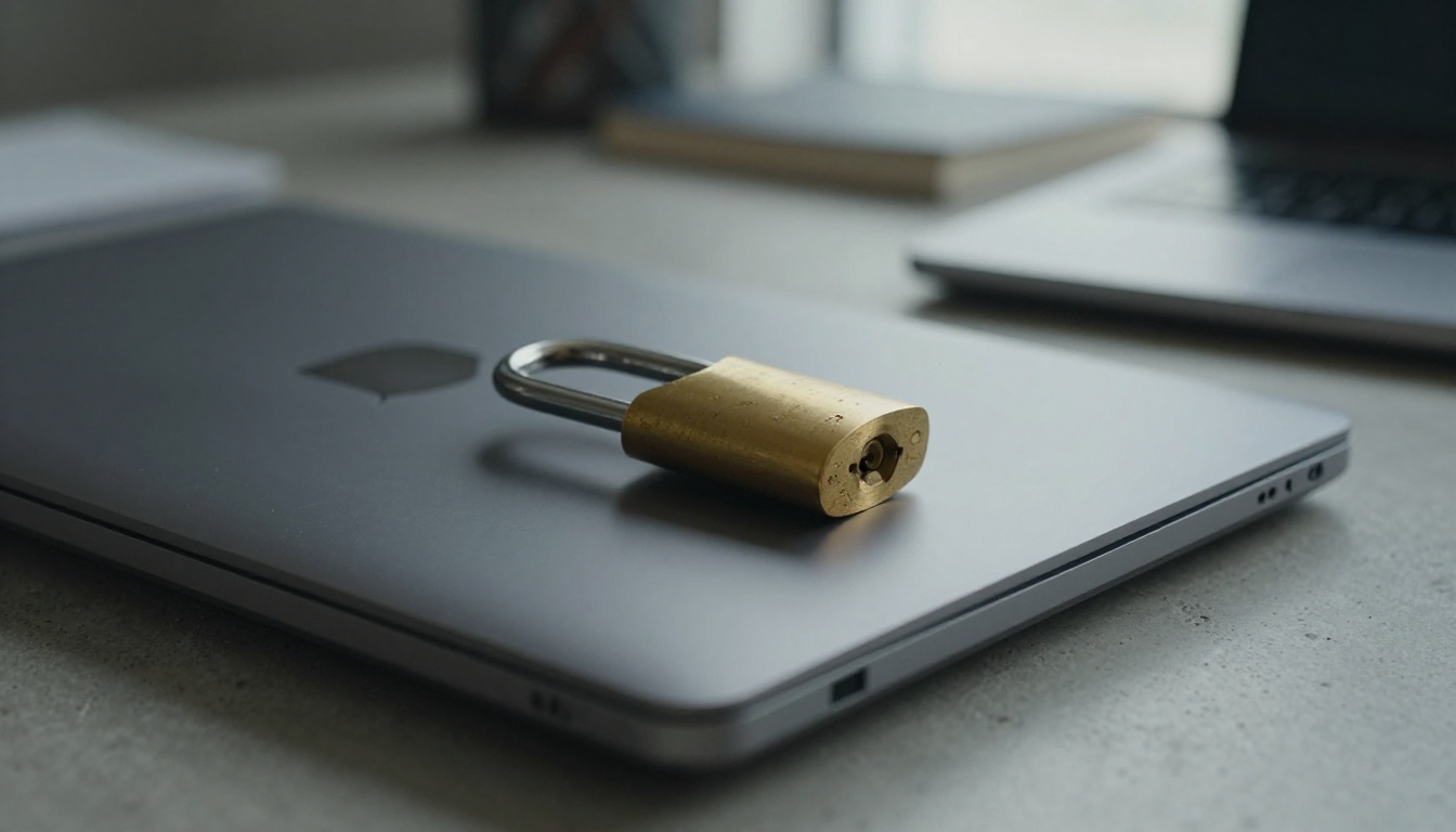 A brass padlock resting on the closed lid of a grey laptop on a raw concrete desk