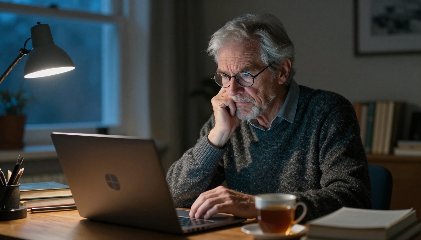 An older man with silver hair and round glasses leaning toward a laptop in an evening study