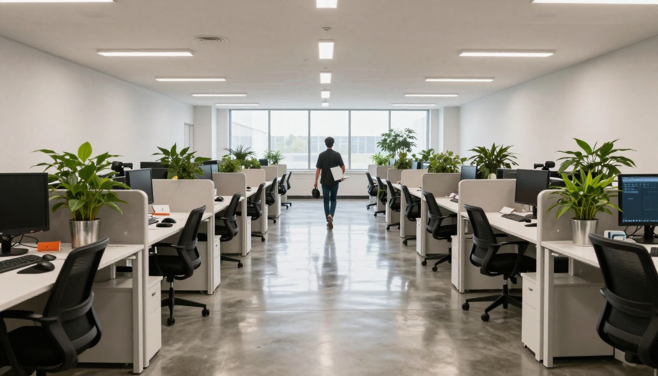 A long modern office corridor with rows of desks and monitors leading to a tall window