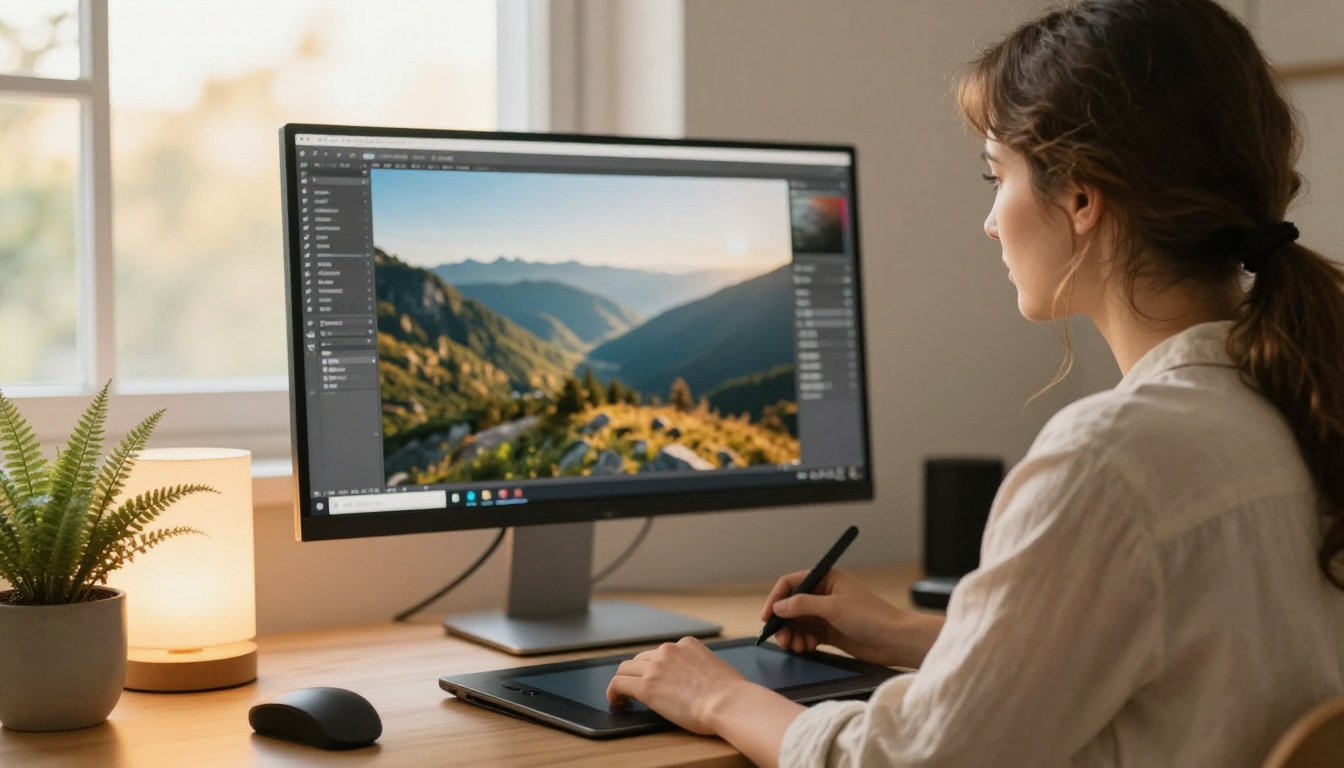 A woman photographer at a large monitor showing a mountain landscape, with a graphics tablet and warm lamp beside her