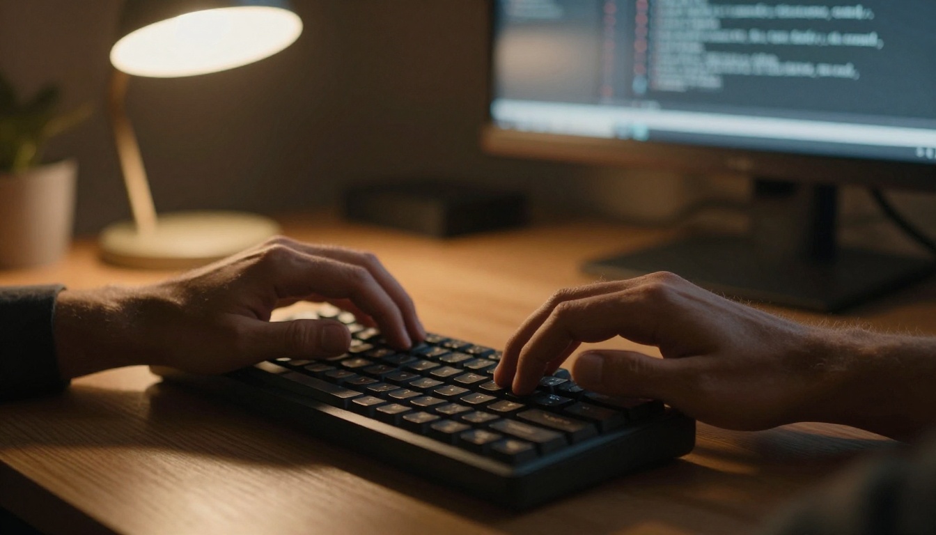 Close-up of hands typing on a mechanical board in a home office