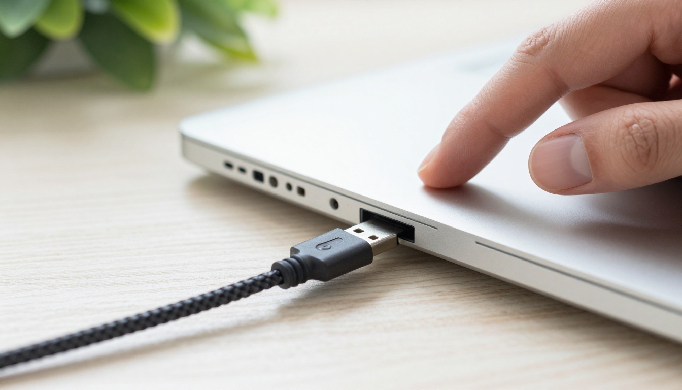Hand sliding a braided USB-C cable into a laptop port on an oak desk