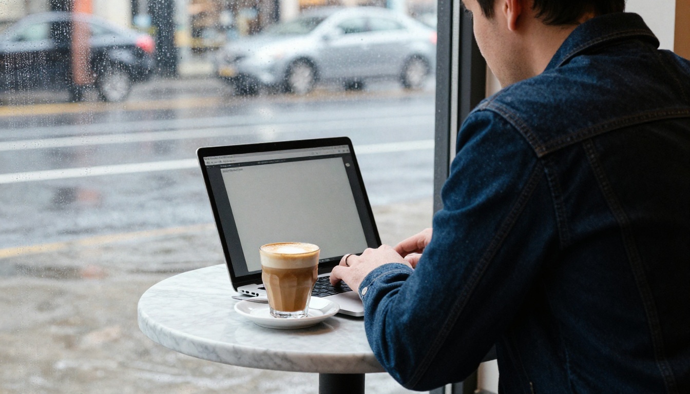 Man in a denim jacket working on a laptop at a marble cafe table